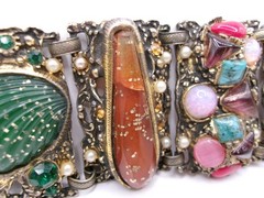 Attributed to Selro Selini Confetti Lucite Panel Bracelet w/Rhinestones, Pearls