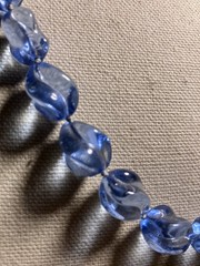RARE ART DECO CZECH PRESSED GLASS BEAD NECKLACE C.1920 26” BLUE SWIRL