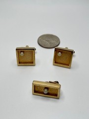 Vintage Speidel Faux Pearl Textured Gold Tone MCM 1960s Cufflink Tie Clip Set