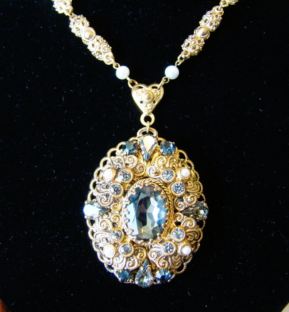 Vintage West Germany Filigree Smoky Gray Rhinestone Faux Pearl Necklace