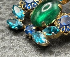 VTG Dog Tooth Prong Blue Green Rhinestone Cupcake Setting Brooch Dangle REPAIR