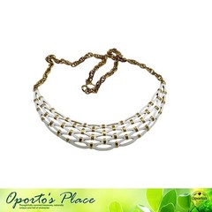 Vintage Crown Trifari Choker Necklace Goldtone Metal White Enamel Basket Weave