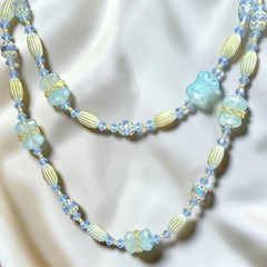 Vintage 1950s 1960s Aqua Glass Crystal Long Beaded Necklace AB Mid Century 33″
