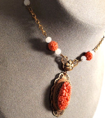 VTG ART DECO Coral Molded Glass Floral Necklace 1930s Glass & Brass 18″ Necklace