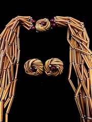 1960s Multiple Strand Yellow Brown Plastic Necklace Matching Clip On Earrings