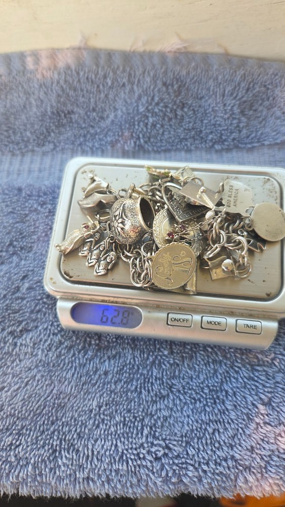 VINTAGE LOADED CHARM BRACELET, MANY SILVER CHARMS, FREE SHIPPING
