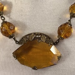 Vintage Czech Large Topaz Amber Faceted Crystal Bead Necklace Clip Earrings Set