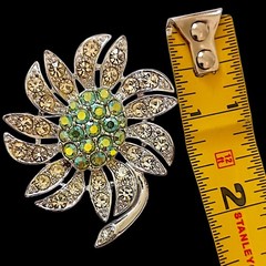 Vtg Sarah Coventry Mountain Flower Brooch Green AB Rhinestones Silver Tone 1968