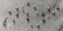 Vintage 90s “tin cup” necklace amethyst tourmaline black pearl silk 16.5″L