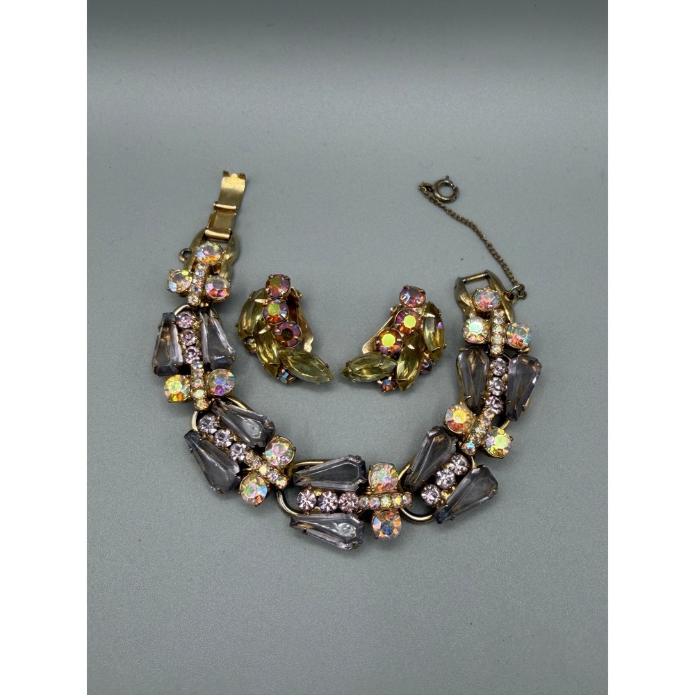 Vintage Juliana D&E Rhinestone Bracelet Earrings Set AB Crystal Smoky Glass#1097