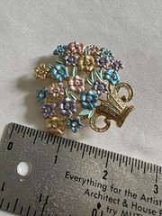 Vintage Gorgeous Enameled Flower Bouquet & Rhinestone Pot Brooch B2