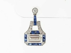 Art Deco Style Lab Created Diamond & Sapphire Wedding 14K White Gold FN Earrings