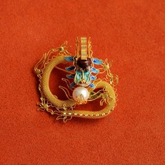 Chinese Cloisonne Brooch Dragon Pearl Filigree Silver Gold Plated Vintage Pin
