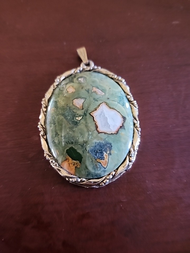 Vintage Green Jasper Gemstone Gold Tone Pendant, 2.5″, No Chain