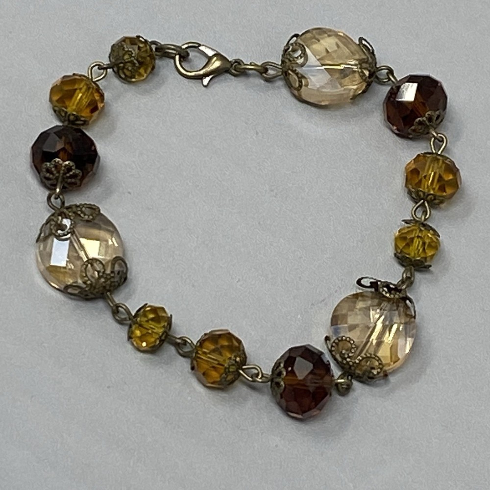 Glass Bead Bracelet Antique Gold Tone Yellow Red Faceted Surface Coated 7.25