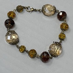 Glass Bead Bracelet Antique Gold Tone Yellow Red Faceted Surface Coated 7.25