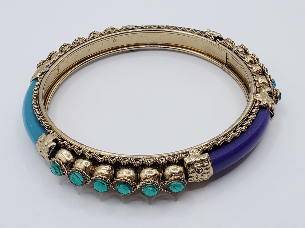 Vintage Metal, Plastic & Rhinestone Bangle Bracelet Blues & Greens