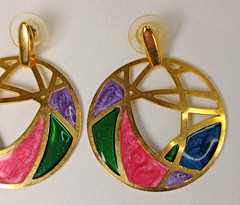 Vintage Gold Tone Abstract Enamel Dangle Stud Earrings Pink Green Blue 1.75″