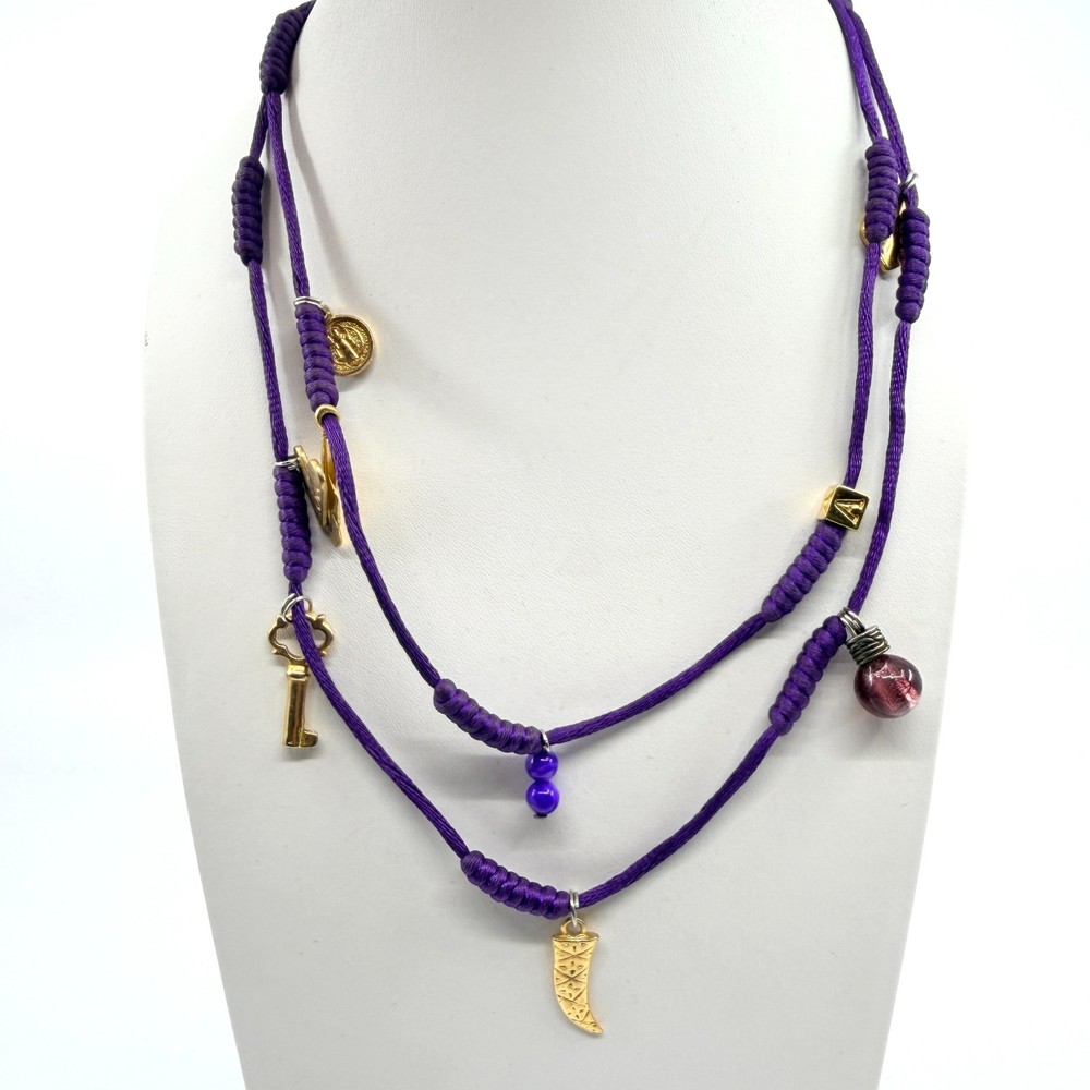 VTG Purple Silk Cord Multi Charm Layered Necklace Gold Tone Key Heart Italian