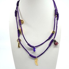 VTG Purple Silk Cord Multi Charm Layered Necklace Gold Tone Key Heart Italian