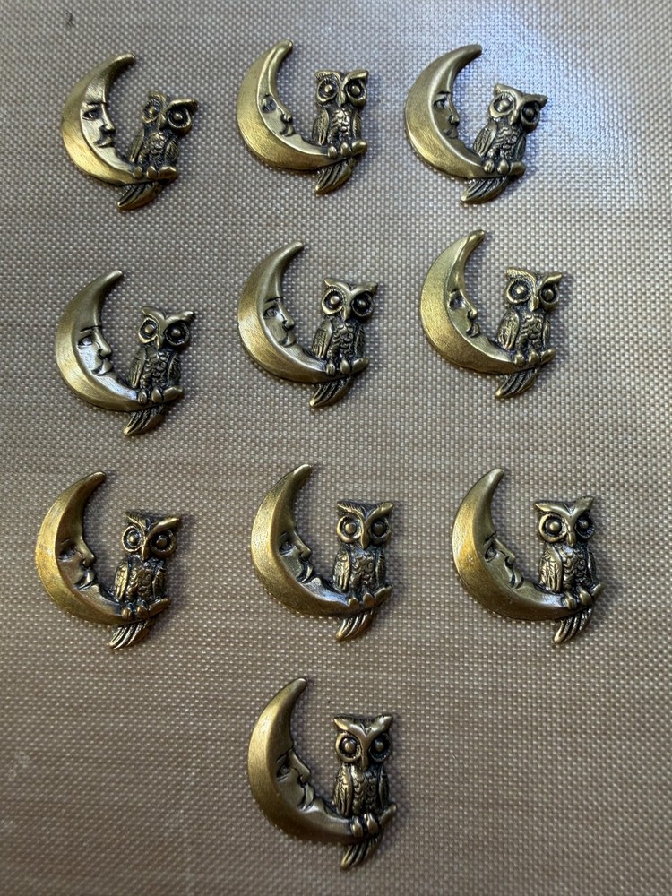 10 Vintage Raw Brass Owl on Crescent Moon Stampings 18mm Celestial NOS Findings