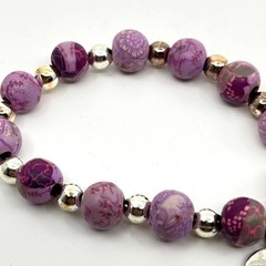 VTG Jilzara Y2K Purple Floral Polymer Clay Bead Stretch Bracelet Silver Accents