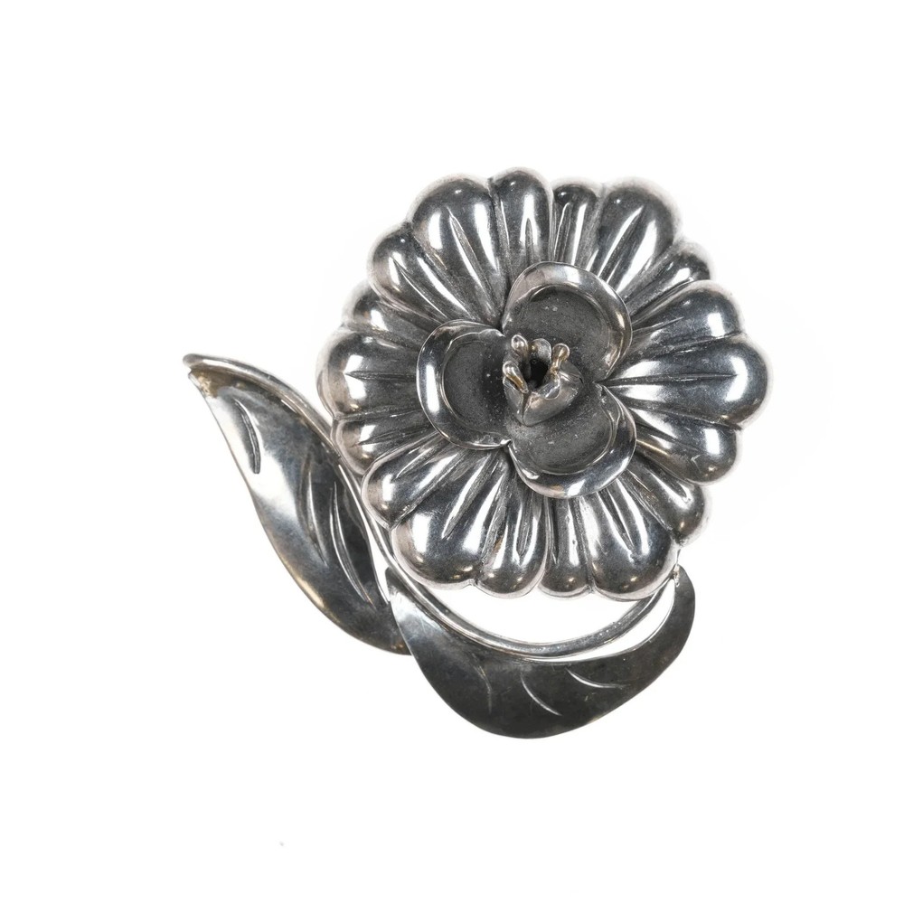 Hector Aguilar Taxco 940 sterling silver 3d flower pin with leaves