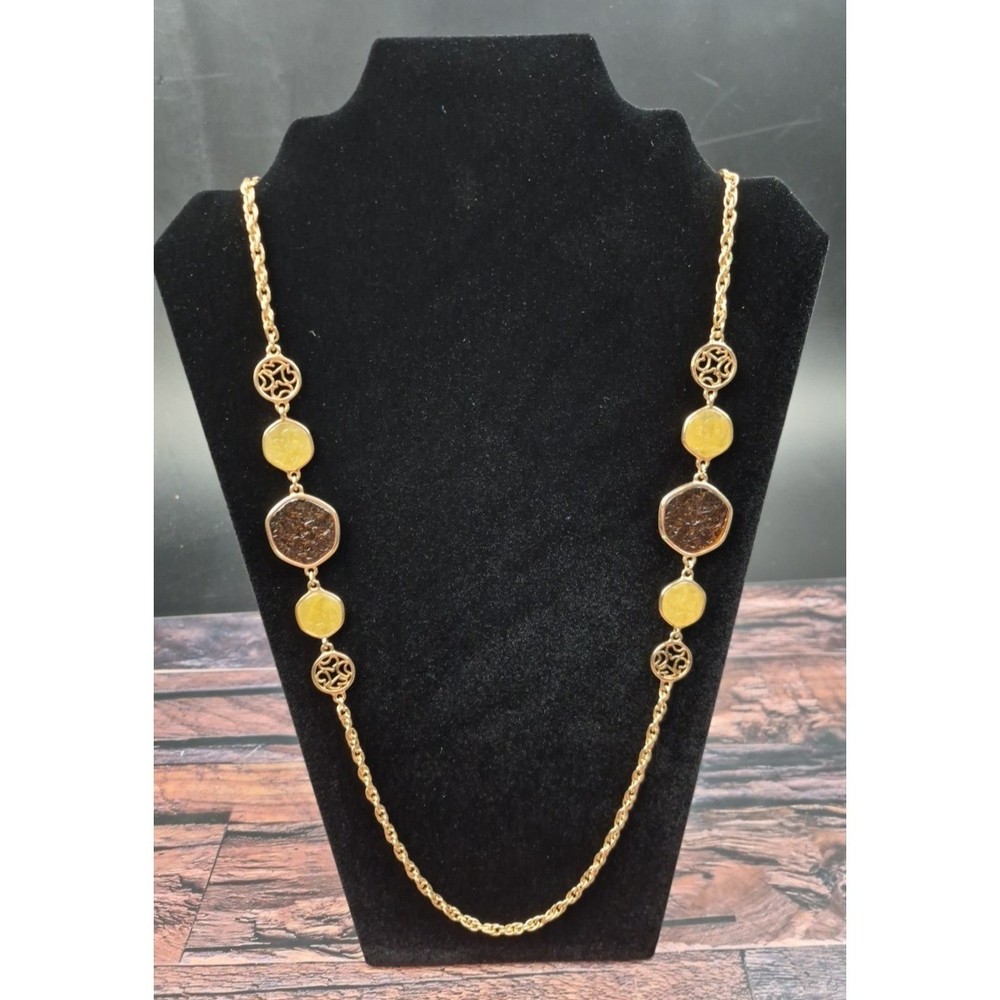 Vtg Sarah Coventry Rope Chain Necklace Gold Tone Yellow Amber Glass Cabochons