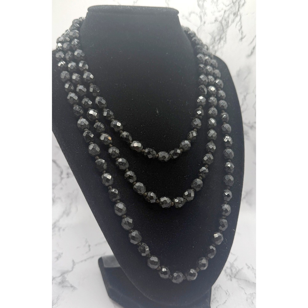 Vintage Made in Austria 56″ Black Faceted Glass Bead Necklace Signed