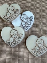 4 Vintage Heart Cameo Cabochons Mother & Child Translucent Ivory Jewelry Lot