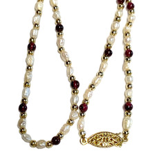 Vintage Genuine Rice Pearls & Almandine Garnet Beaded Necklace & Bracelet Set
