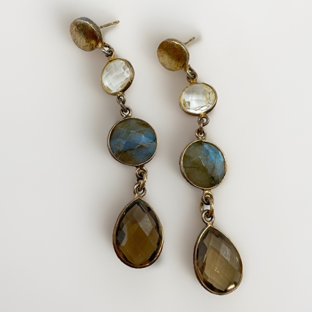 Dangle Gemstone Earrings Gold Over 925 Labradorite Smoky & Clear Quartz 2in Drop