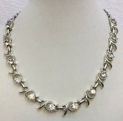 Necklace Collar Rhinestone Stone Leaf Leaves Silver Tone Metal Vintage 17″