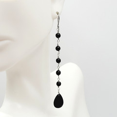 Black Onyx Bead Shoulder Duster Long Linear Silver Tone Pierced Hook Earrings