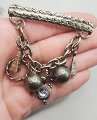 3 Brooches: Tribal Peacock Feather Clay Mask, RITZ Pewter Face, Bar W/ Charms