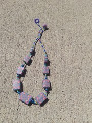 Vintage Polymer Clay Necklace 18in Blue Pink Purple Rectangle Beaded