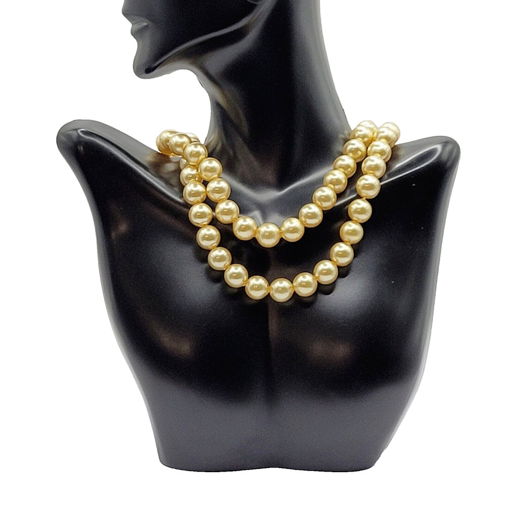 Double Strand 1950s Pearly Light Gold Color Beaded Choker Vtg Necklace 15 Inch