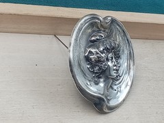Large Ornate Antique Silver Tone Pressed Metal Victorian Lady’s Face Pin: 2.25″