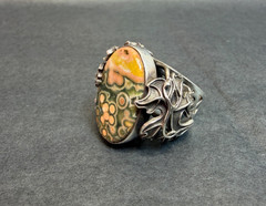 1970 Art Sterling Silver Ring Orbicular Ocean Jasper Grapevine Adjustable 8-10