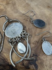 VTG Sterling Silver CHOEN MEXICO Blue Fire Opal Inlay Necklace Pendant Earrings