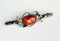Vtg Antique Art Nouveau Natural Cognac AMBER STERLING Silver Bar Pin BROOCH