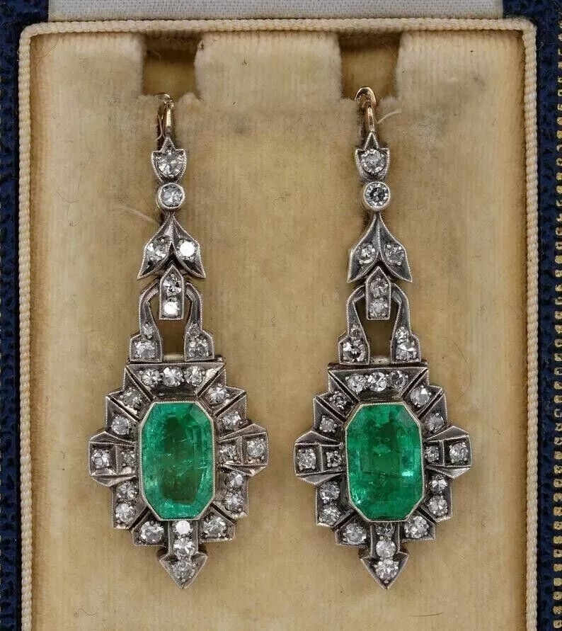 Art Deco Lab Created Emerald Engagement Wedding 14K White Gold Finish Earrings