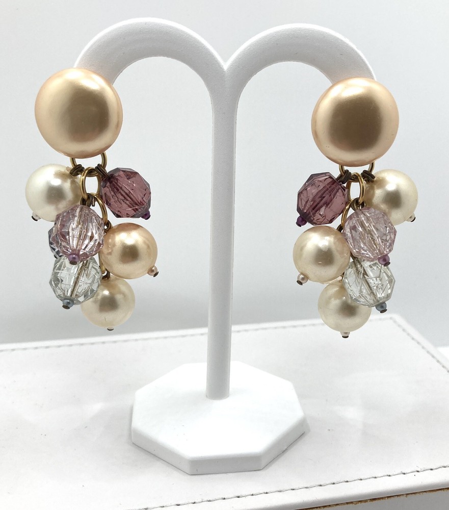 Vintage CHAMPAGNE FAUX PEARL LAVENDER Bead Cluster 3″ Dangle Earrings SNAZZY