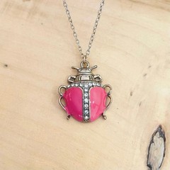 Scarab Beetle Pink-Coral Enamel Rhinestone Necklace Pendant Long Chain Charm