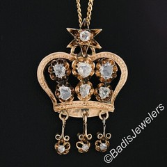 Antique Victorian 14K Gold .78ct Diamond Open Star Crown Dangle Pendant & Chain