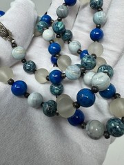 Vintage Blue Stone Frosted Sea Glass Bead Necklace Asian Box Clasp 24″