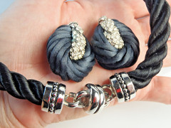Vintage Twisted Black Cord Push Snap Lock Choker and Clip on Earring Set