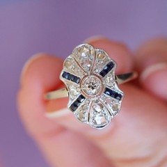 Art Deco Lab Created Diamonds ring with Blue Sapphire 925 Sterling Silver Ring