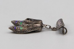 Antique 30s Portugal 800 Silver Green Blue Enamel Shoes Pin, Cannetille Brooch