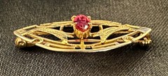 Antique Art Deco 10K Rose and Yellow Gold Glass/Paste Ruby Brooch
